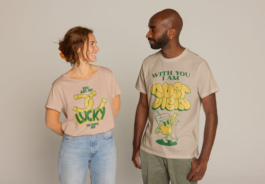 Multiracial Couple Wears Casual T-shirts Indoors. PSD mockup