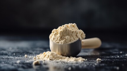 Scoop with Vanilla Protein Powder on Dark Background