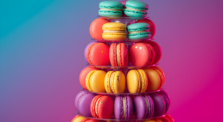 Vibrant macaron tower with gold leaf against a neon gradient backdrop
