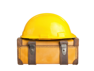 Construction gear with hard hat on tool bag for building projects