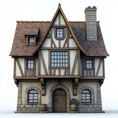Fototapeta premium Medieval tudor style house with wooden barrels displaying traditional architecture