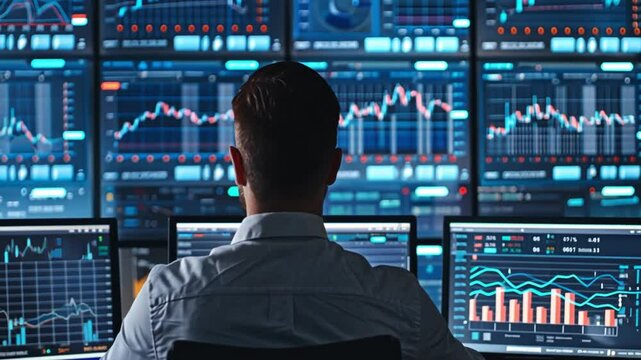 Data analytics specialist analyzing trends and performance metrics on multiple screens in an office environment
