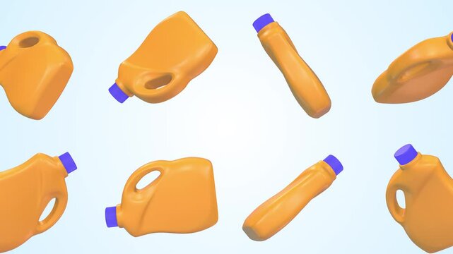 Detergent Bottles Falling on a Light Blue Background. 3D Plastic Bottles. 4K