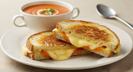 Classic Comfort: Grilled Cheese Sandwich with Creamy Tomato Soup Delight