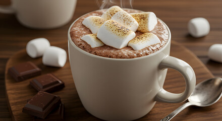 Indulgent hot chocolate beverage with toasted marshmallows and chocolate pieces