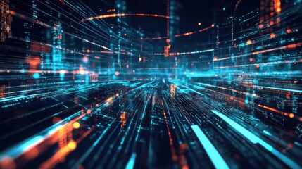 Fototapeta premium A vibrant digital landscape with blue and orange lines creating a sense of depth and motion, representing technology and data flow.