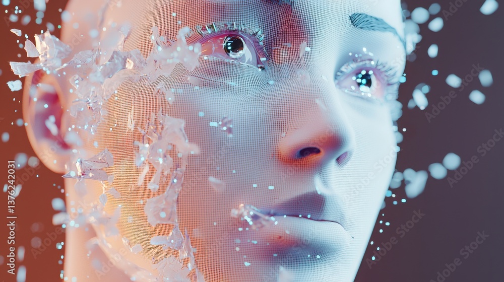 Poster close-up of a woman's face adorned with numerous white dots representing ai co-creation workflow and