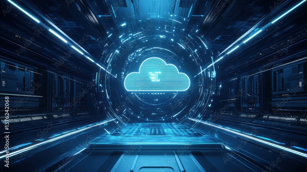 Poster a futuristic digital tunnel featuring a glowing cloud symbol, emphasizing technology and connectivit