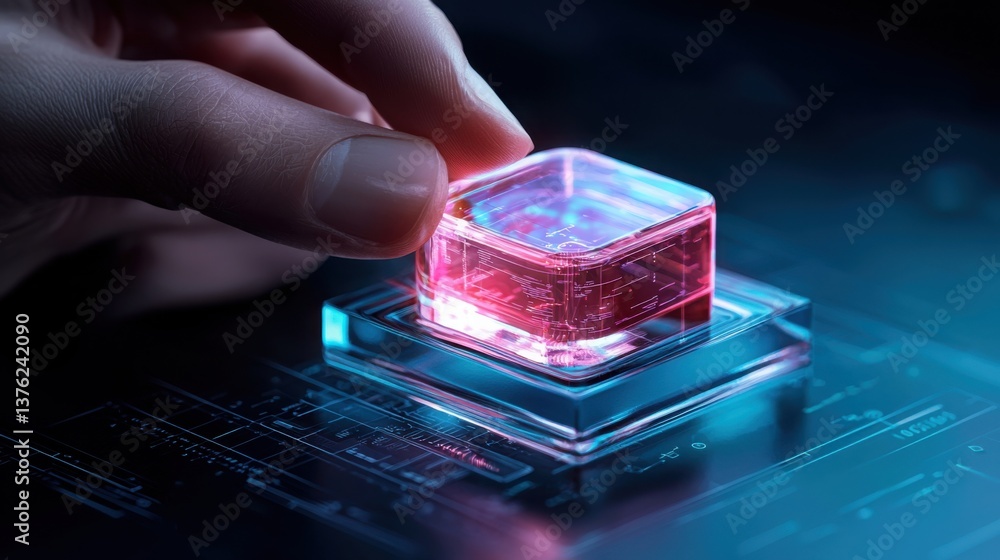 Poster close-up of a hand gently touching a pink cube representing ai content detection concept in digital 