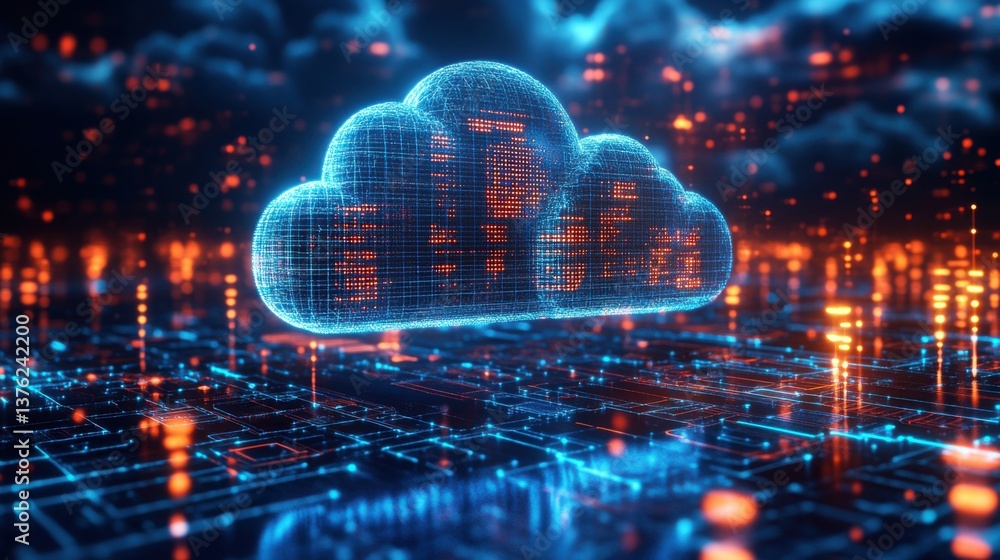 Poster a digital representation of a cloud, composed of glowing data points, floating over a circuit-like b