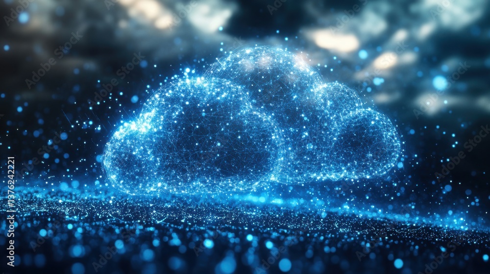 Poster a digital representation of a glowing cloud composed of interconnected particles, set against a dark