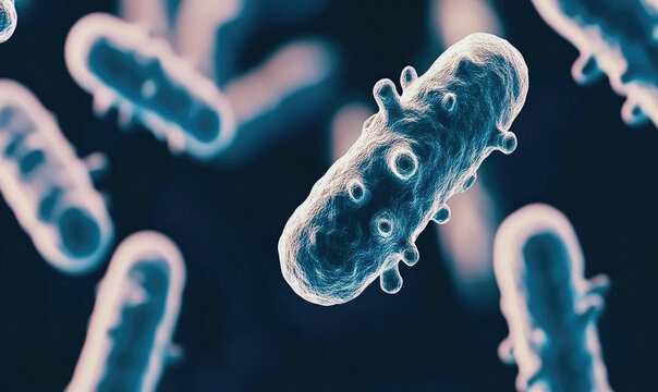 Microscopic view of bacteria, detailed 3D render of microorganisms, scientific imagery, medical illustration, blue tone.