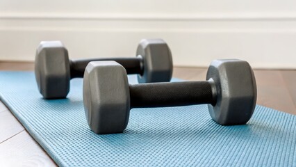 Two dumbbells resting on a blue exercise mat, suggesting fitness and strength training in a home workout environment.
