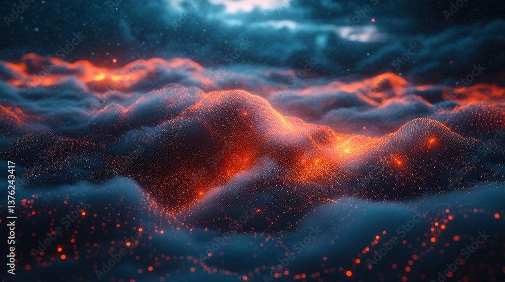 Poster a vibrant, digital representation of clouds illuminated by glowing particles, creating a surreal and