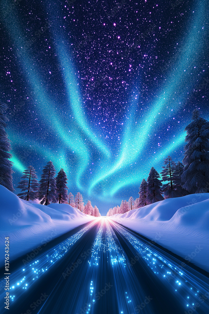 Poster aurora borealis illuminating snowy road at night with binary code
