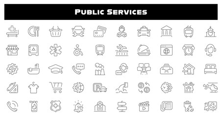 Public services vector outline icon set. City infrastructure and service icons
