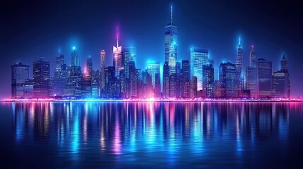 Fototapeta premium A vibrant city skyline illuminated with colorful lights reflecting on water at night, creating a mesmerizing urban scene.
