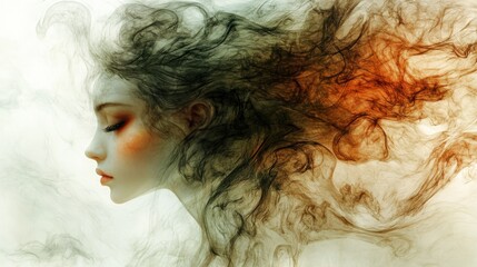 Fototapeta premium A stylized portrait of a woman with flowing hair, blending into wispy smoke-like patterns, evoking a sense of beauty and ethereal movement.