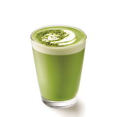 Fresh Matcha Latte in Glass with Decorative Green Tea Powder Swirl on White Background