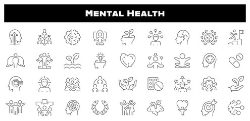 Mental health and psychology healthcare vector outline icon set. Therapy and emotional well-being icons