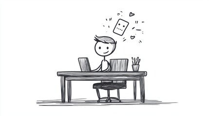 A simple line drawing of a person sitting at a desk, happily engaging with a laptop, surrounded by hearts and icons, depicting joy or excitement.