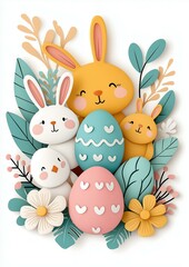 Obraz premium Cheerful illustration of Easter bunnies and decorated eggs surrounded by vibrant flowers and leaves.