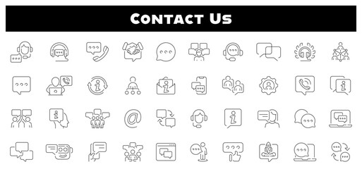 Contact us for user feedback vector outline icon set. Communication and customer support icons