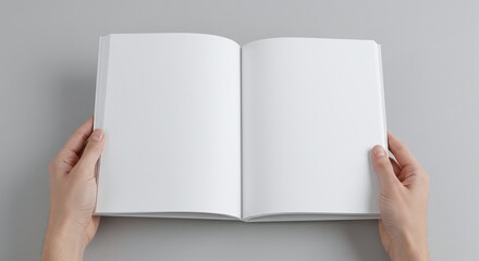 Two hands hold a blank open book on a gray background.
