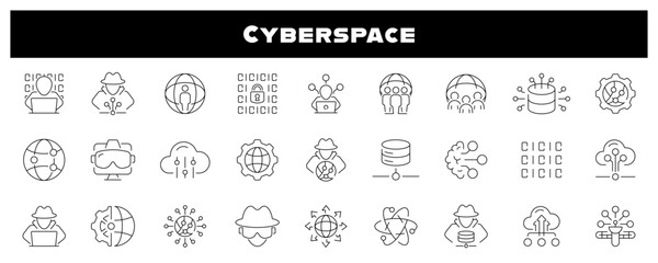 Cyberspace and hacking technologies vector outline icons set. Digital security and hacker tools icons