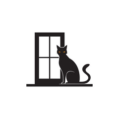 Elegant Black and White Silhouette of a Cat on a Windowsill with Minimalist Design 