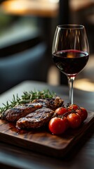 Elegant Dinner Featuring Steak and Red Wine in a Cozy Setting With Soft Lighting