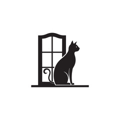 Elegant Black and White Silhouette of a Cat on a Windowsill with Minimalist Design 