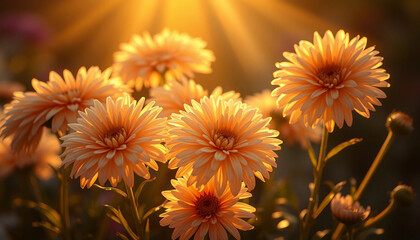 Obraz premium A cluster of pink chrysanthemums illuminated by soft, golden sunlight, capturing nature's beauty during a serene sunset moment. Perfect for themes of tranquility, warmth, and floral scenery.