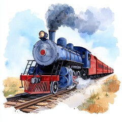 Obraz premium Vintage Watercolor Painting of a Blue and Red Steam Locomotive on a Railway
