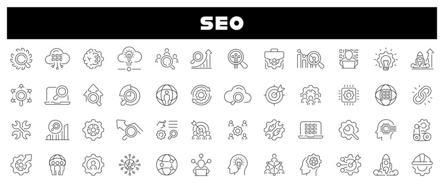 Seo vector outline icon set. Search engine optimization symbols