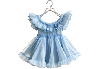  A light blue children's dress with ruffles on the shoulders, hanging on an iron hanger, in a transparent background PNG