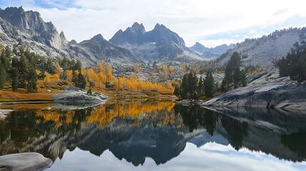 Obraz premium A calm lake reflecting a majestic mountain range with vibrant fall colors surrounding it