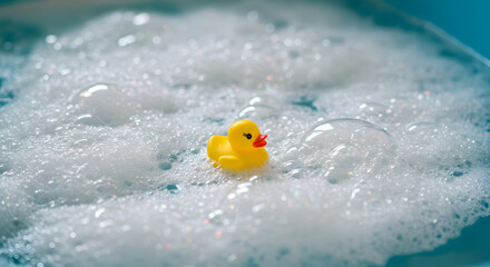 Adorable yellow rubber ducky floating amidst fluffy bath bubbles in a tub