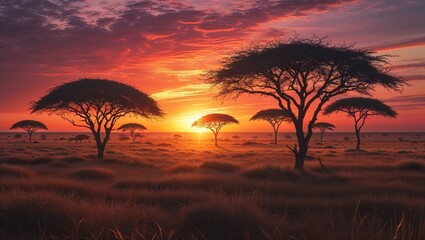A breathtaking sunset lights up the savannah landscape with vivid colors. Silhouetted acacia trees stand tall against the sky, creating a serene and tranquil atmosphere