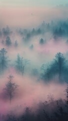 Obraz premium In the early morning, a serene landscape reveals a forest blanketed in mist. Trees peek through the fog, painted in delicate shades of pink and blue, creating a tranquil atmosphere