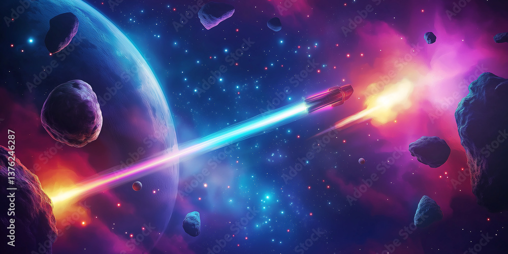Aufkleber spaceship traveling at warp speed in colorful nebula with asteroids and planet