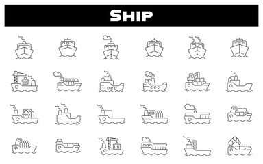 Ship vector icons. Ship icon set. Cruise ship, boat, cruise liner, ship related icons. Editable stroke, thin line icons set
