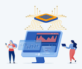 Fototapeta premium Vector illustration of people use chips to process data on monitor screens with the help of AI for analysis and strategy purposes for financial and accounting needs of companies