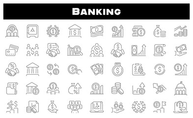 Banking vector icons. Banking icon set. Finance, money, bank, financial, investment, banking related icons. Thin line icons, editable stroke