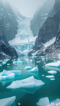 Icebergs float on calm water mirroring the towering cliffs and glacier in a serene landscape. The scene captures the beauty of nature under overcast skies