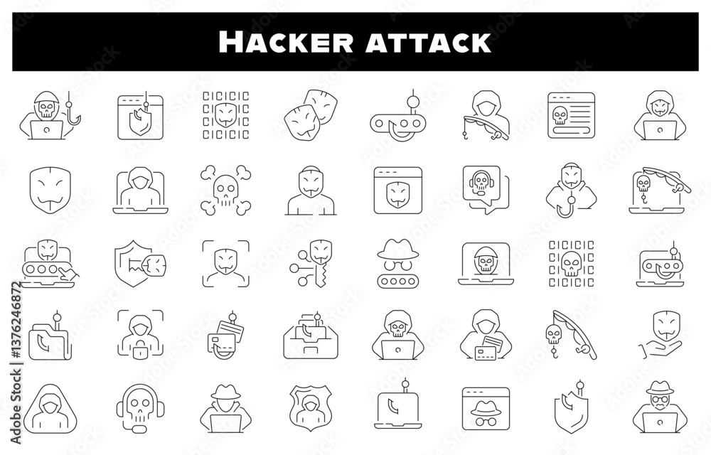 Poster hacker attack icons. hacker line icon set. cyber, attack, software, virus, scam, hacker, fraud, hack
