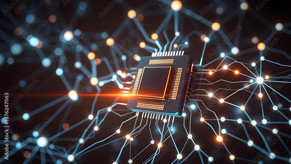 Poster microchip and glowing network connections symbolizing advanced artificial intelligence technology.