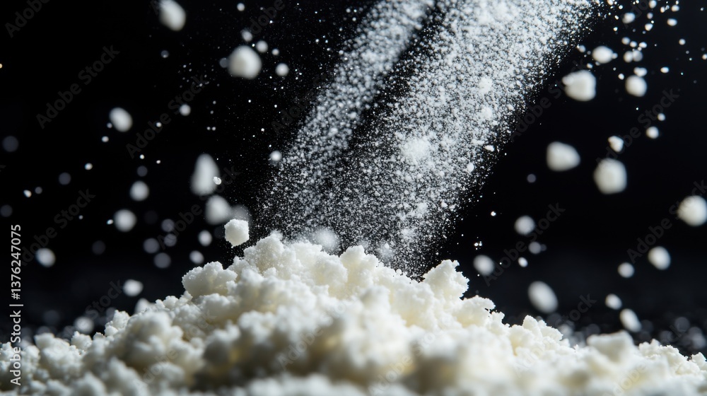 Poster a close-up image of flour being dusted onto a mound, creating a dramatic effect against a dark backg
