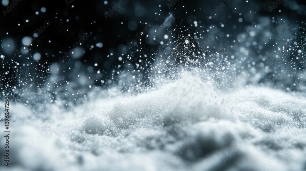 Poster a close-up view of water droplets splashing, creating a misty, dynamic effect against a dark backgro