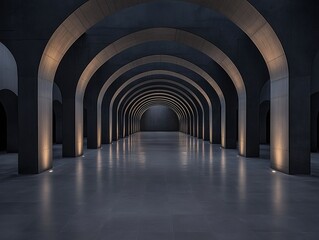 Obraz premium Symmetrical Arches: architectural gray concrete hallway with lighting